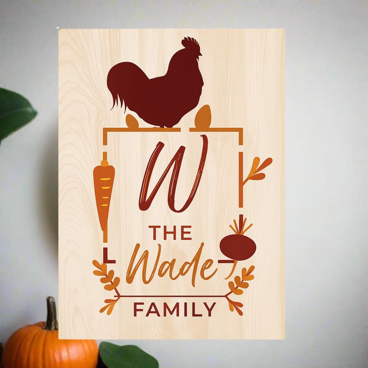 Personalized wooden family sign with rooster and vegetable motifs on board
