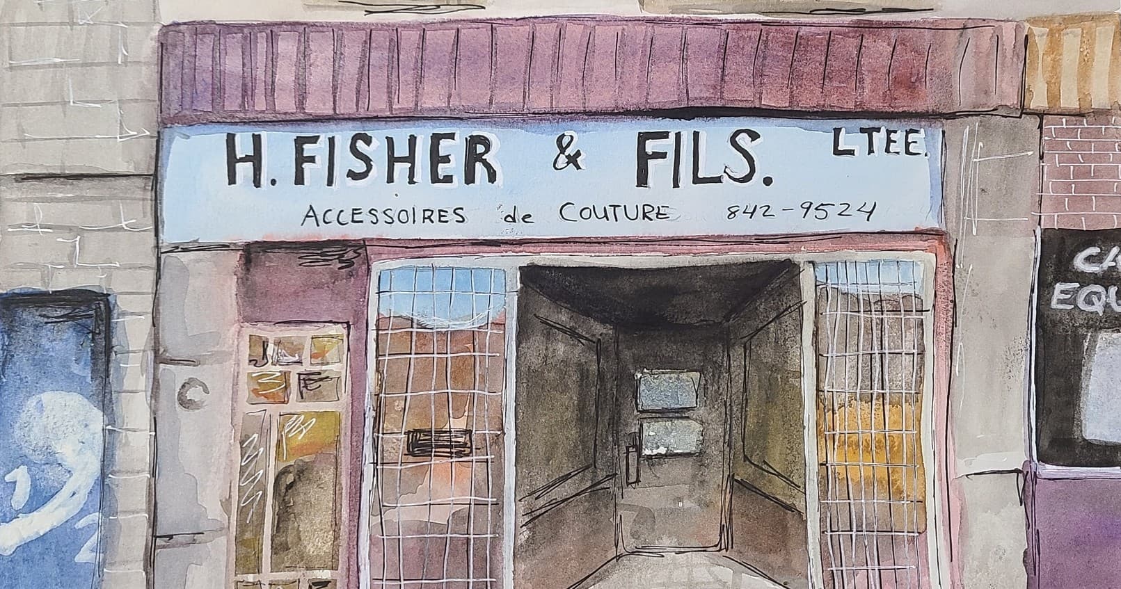 Watercolor painting of vintage H. Fisher & Fils Montreal storefront