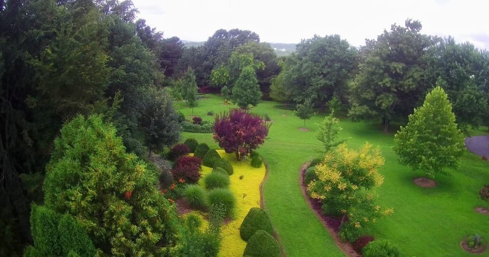 Aerial view of landscaped conservancy gardens and walking paths