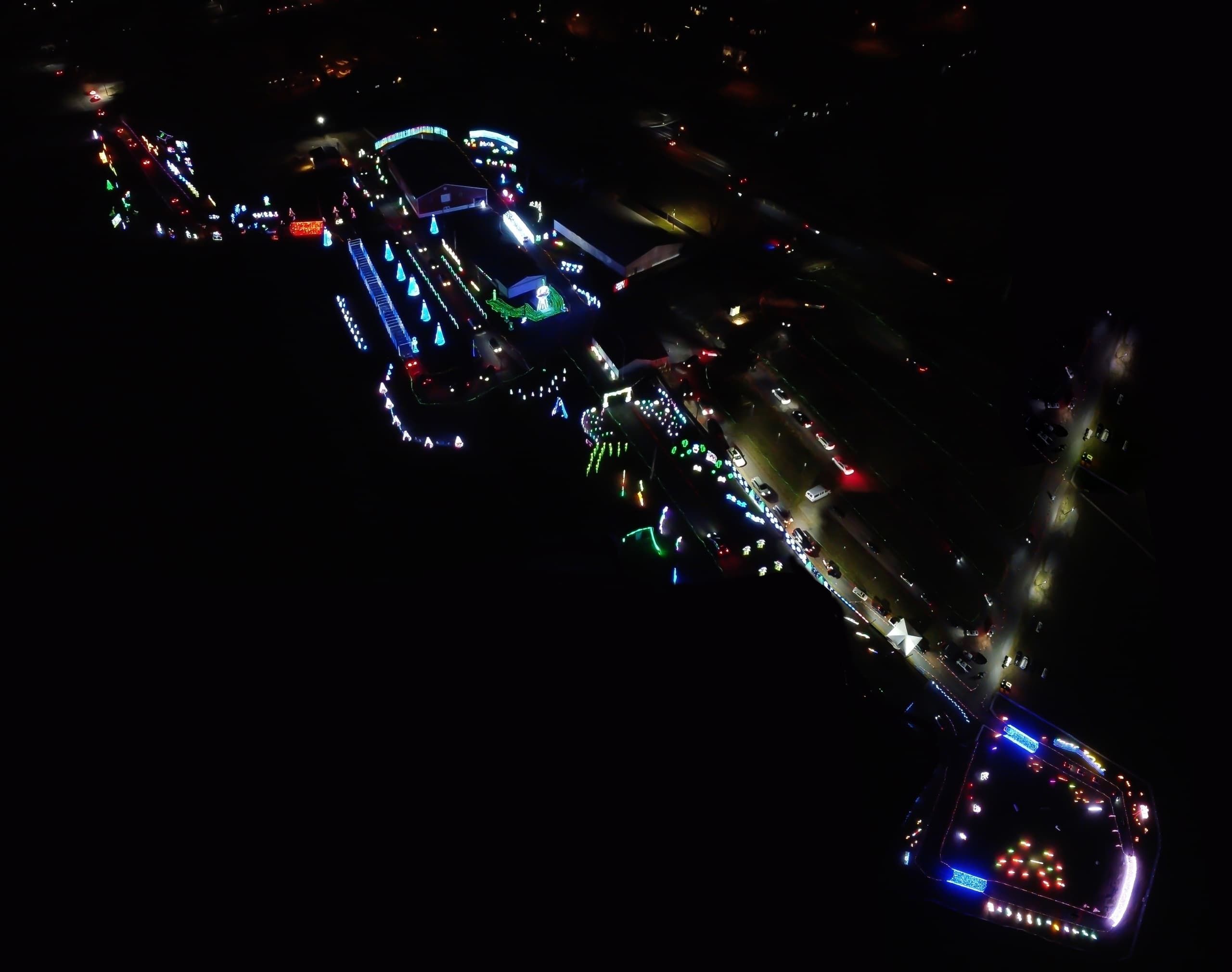 Aerial view of drive-through holiday lights display in New Jersey