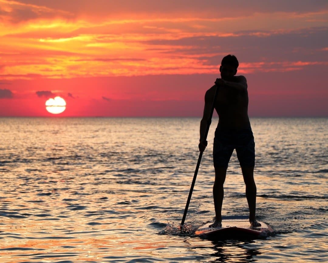 Stand-up paddleboarder silhouetted at sunset over ocean