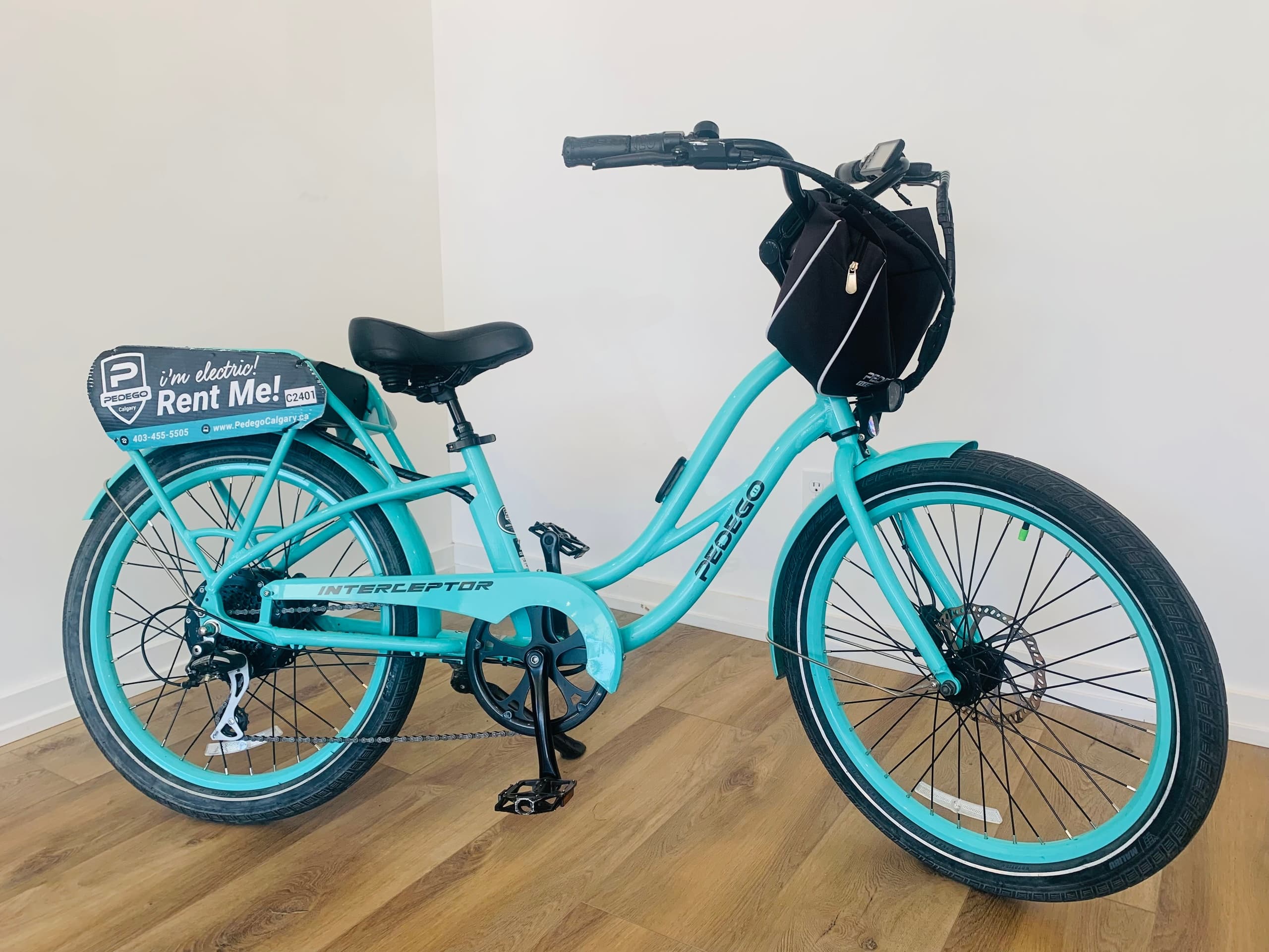 Teal rental e-bike studio shot showing cruiser style and rack