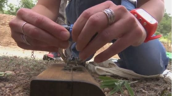 Hands starting fire with ferro rod during wilderness survival training