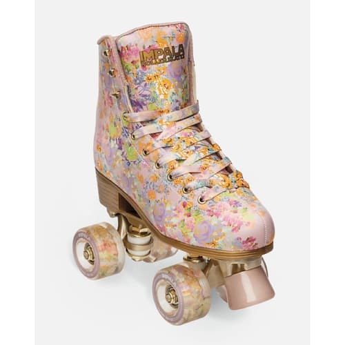 Floral quad roller skate boot studio product shot on white