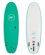 Teal and white soft-top surfboard product photo on white background