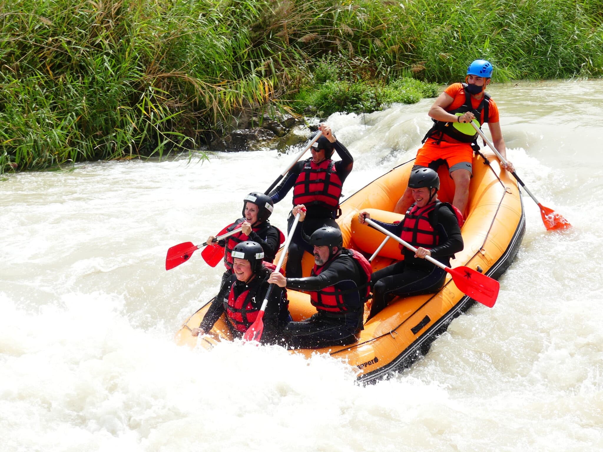 Group whitewater rafting on fast river through green riverbanks