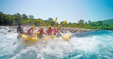 Group whitewater rafting through splashing rapids near shoreline