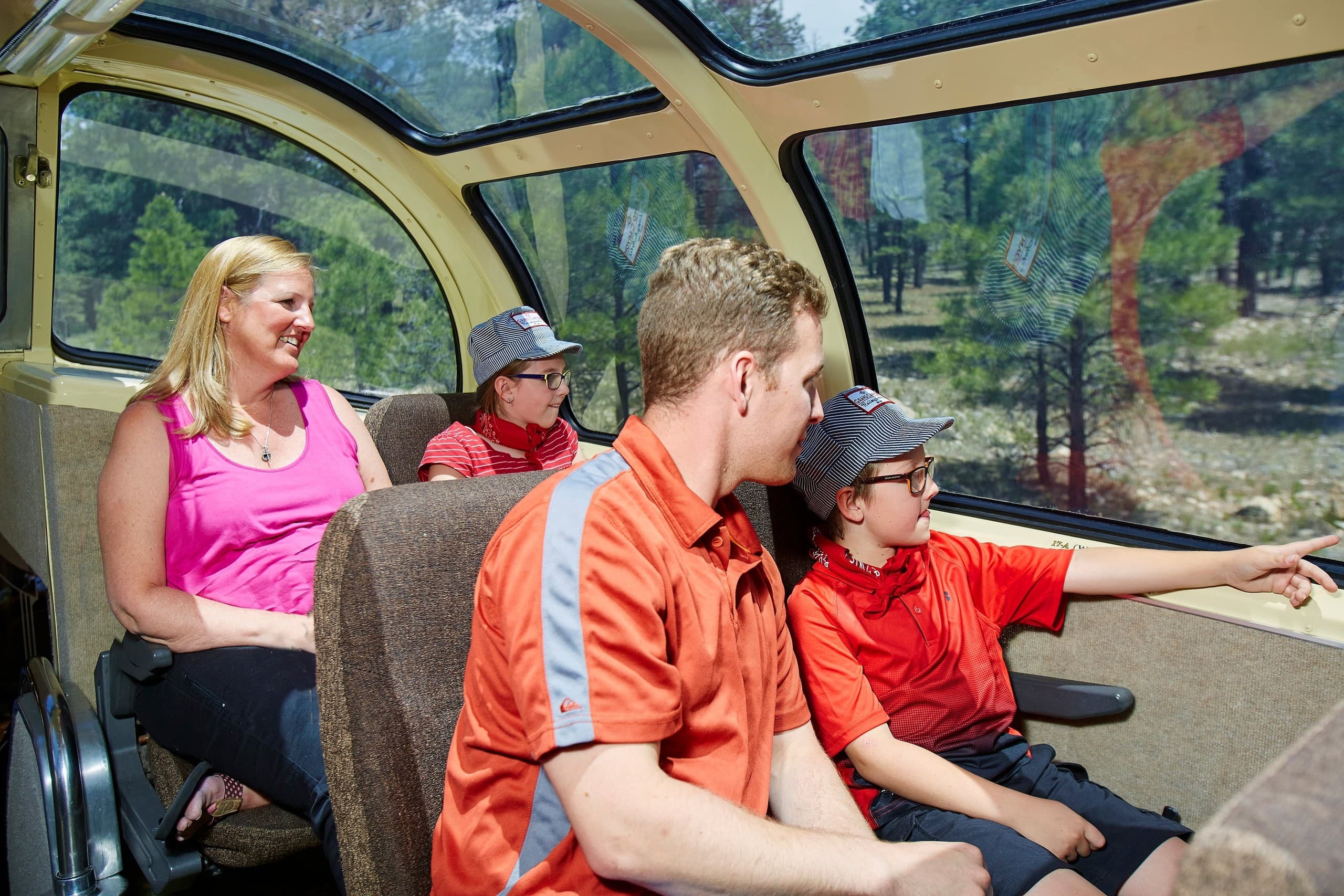 Train crossing rugged valley with dramatic forested ridgelines