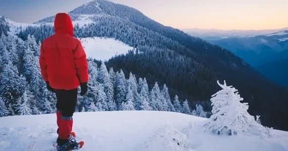 Solo winter hiker overlooking snowy mountain vista at dusk