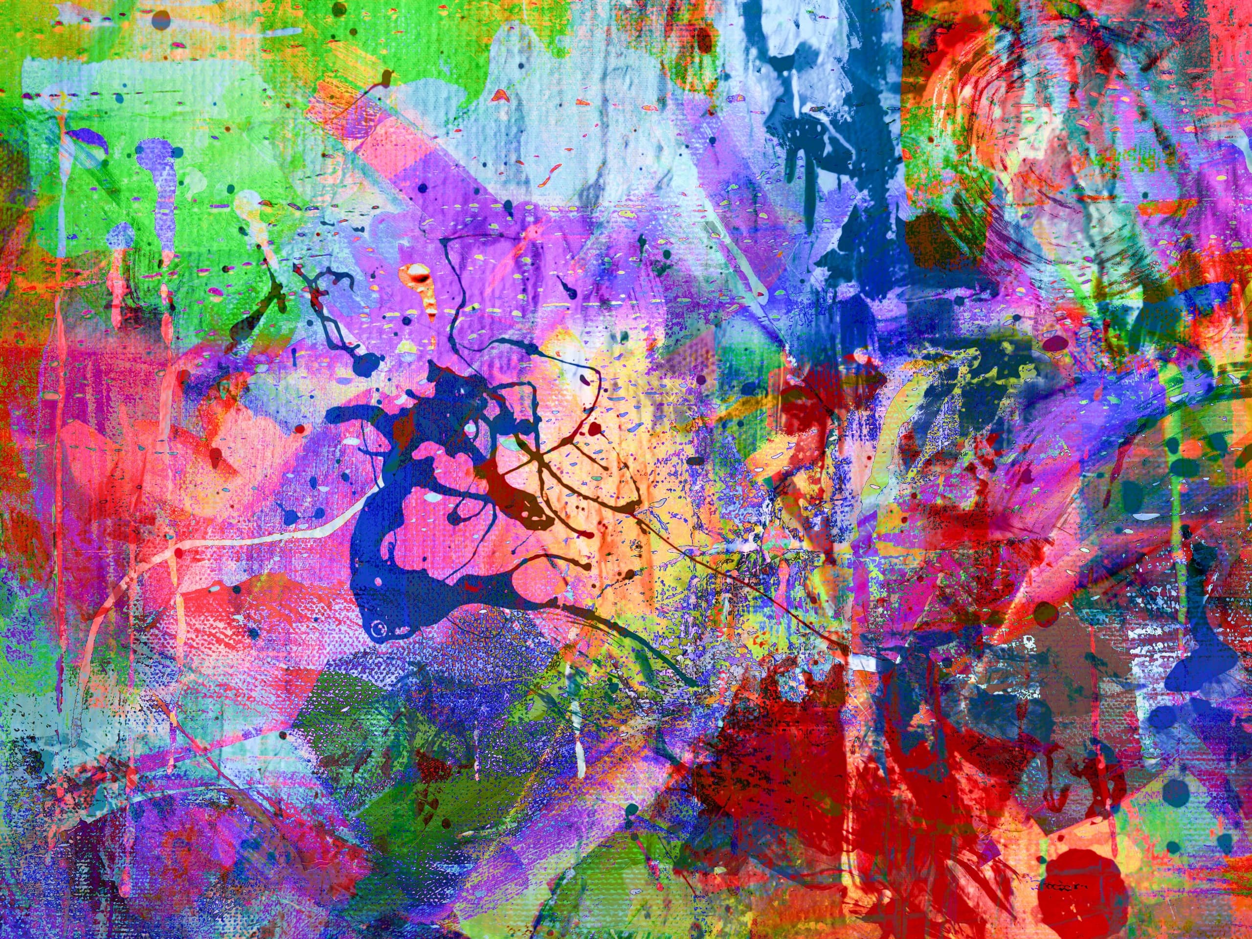 Colorful abstract art mural indoor axe-throwing venue
