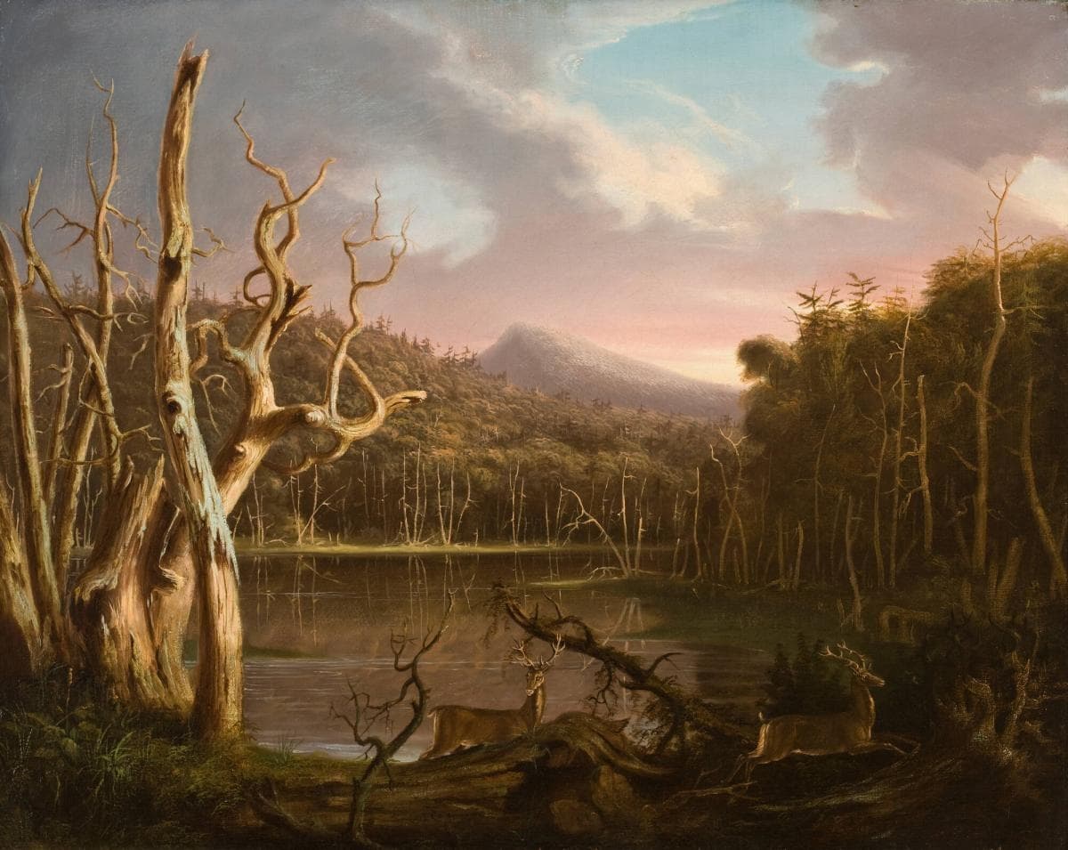 Romantic landscape painting of woodland pond and distant hills