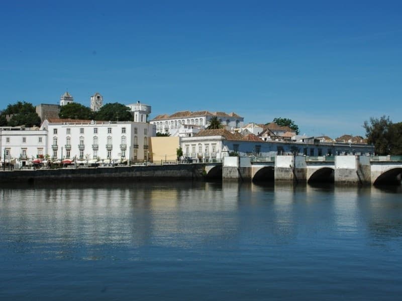 Riverside town with stone bridge and waterfront promenade