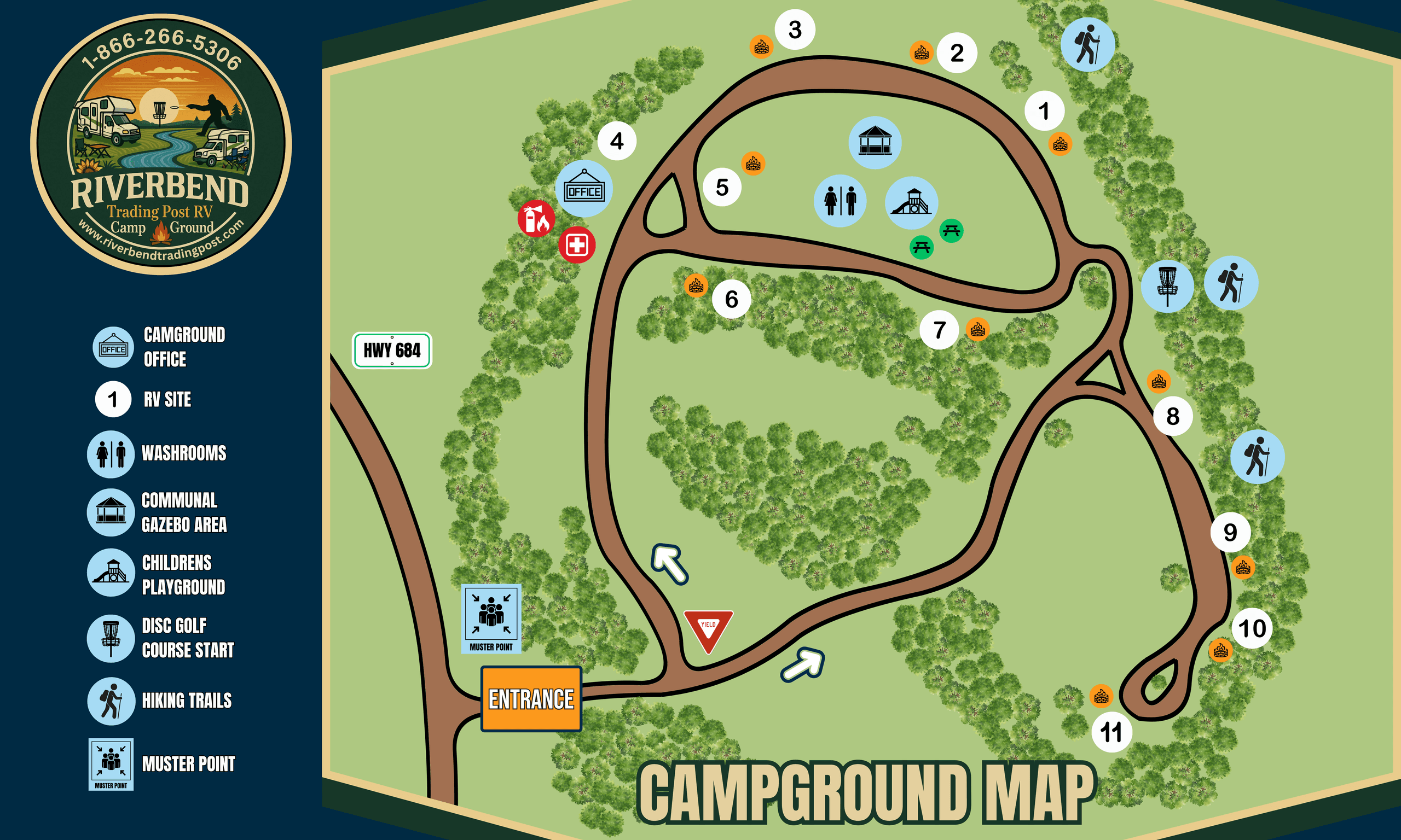 Riverbend campground trail map showing campsites and amenities