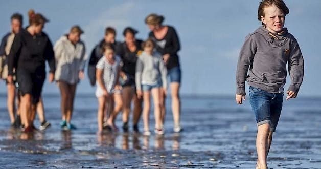 Group walking along sandy shoreline with child running ahead