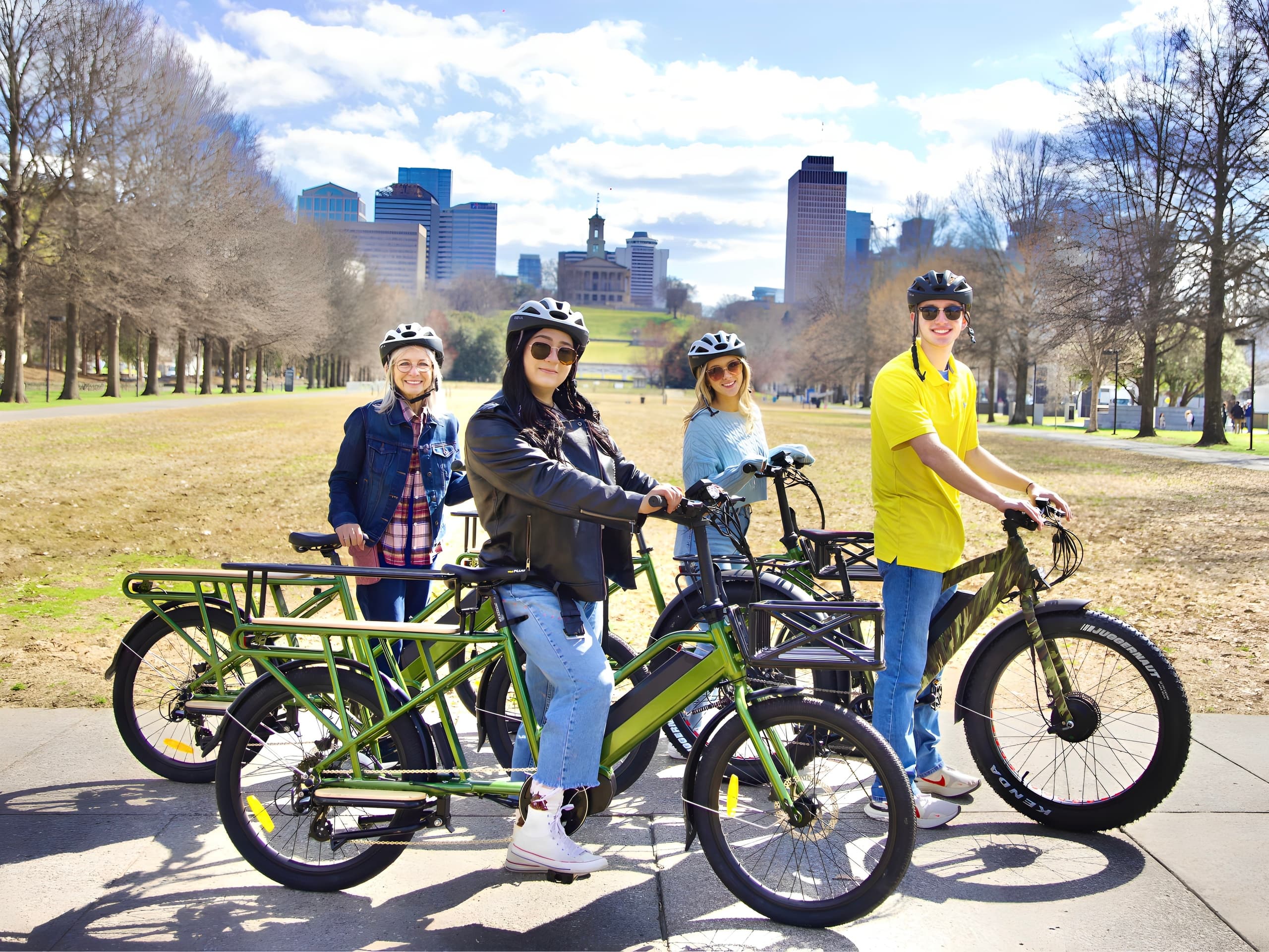 Group on electric bikes in Nashville park, urban cycling tour