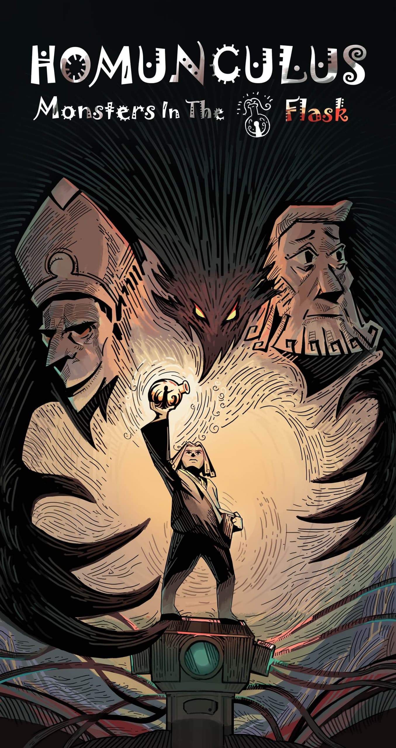 Illustrated alchemist scene with homunculus and outdoor ritual