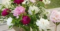 Fresh floral centerpiece arrangement outdoors on wooden table