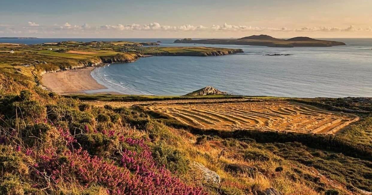 Scenic coastal bay and cliffs near Ramsey Island for boat tours