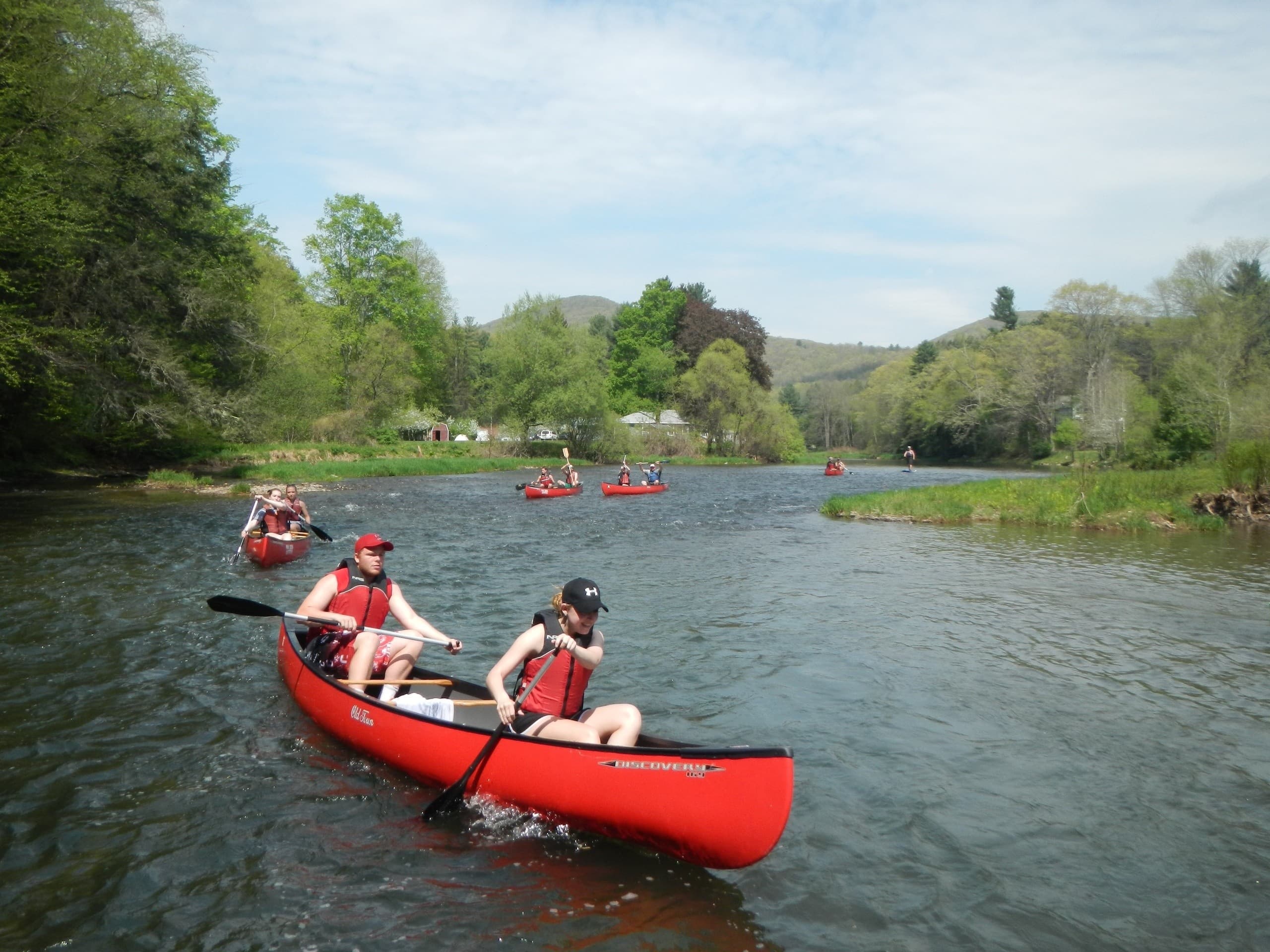 Whitewater rafting team riding turbulent river through trees
