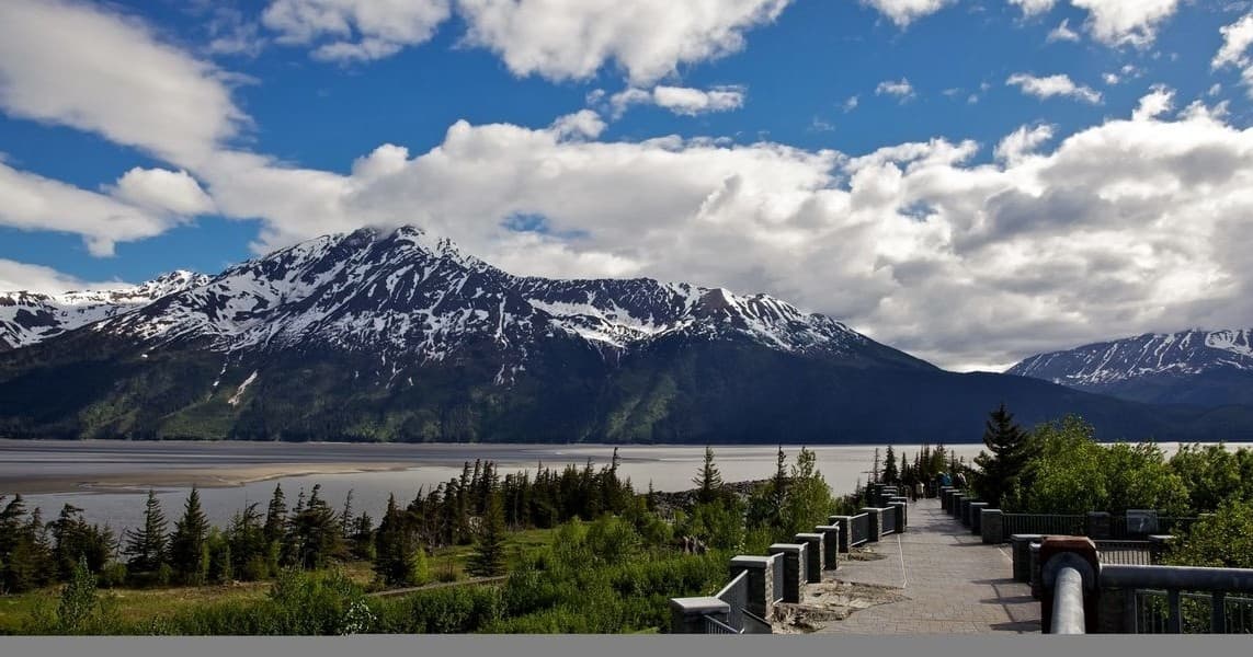 Scenic mountain viewpoint over fjord with lakeside walking path