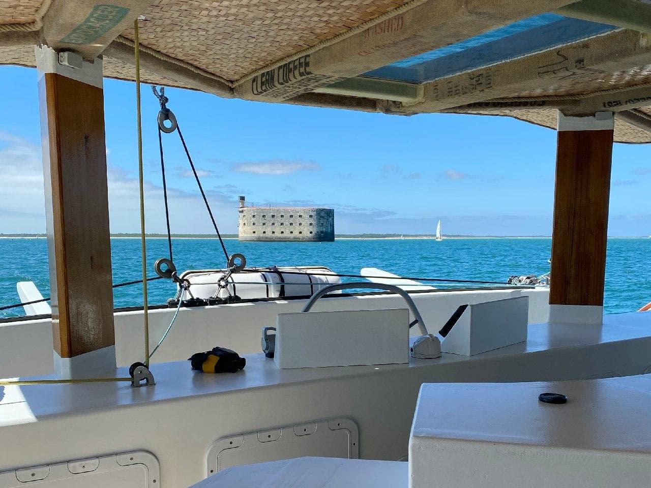 View from covered boat deck toward Fort Boyard and open sea