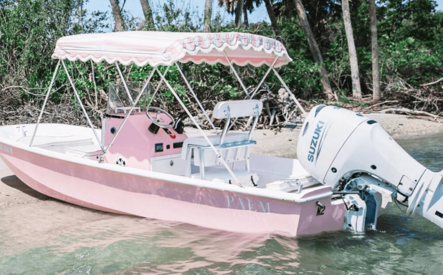 Pink motorboat with canopy anchored off tropical shore for island tours