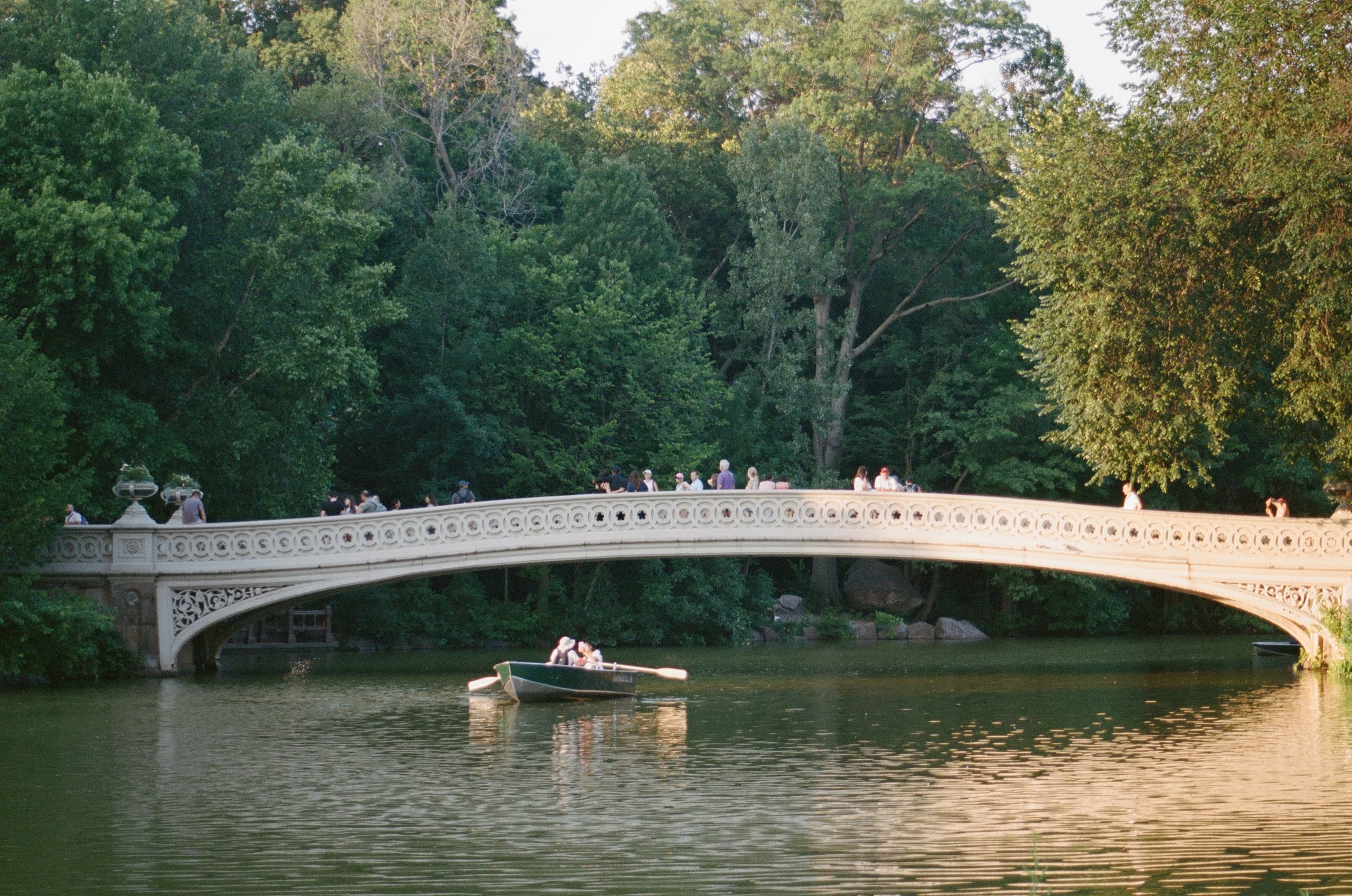 Rowboat on lake under Bow Bridge in Central Park, NYC