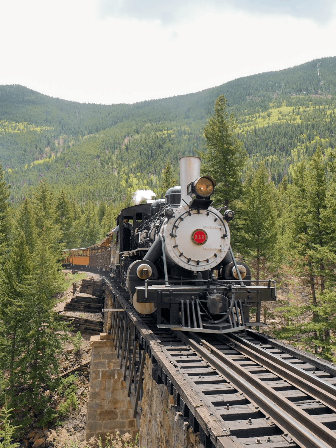 Steam locomotive approaching high mountain bridge on loop