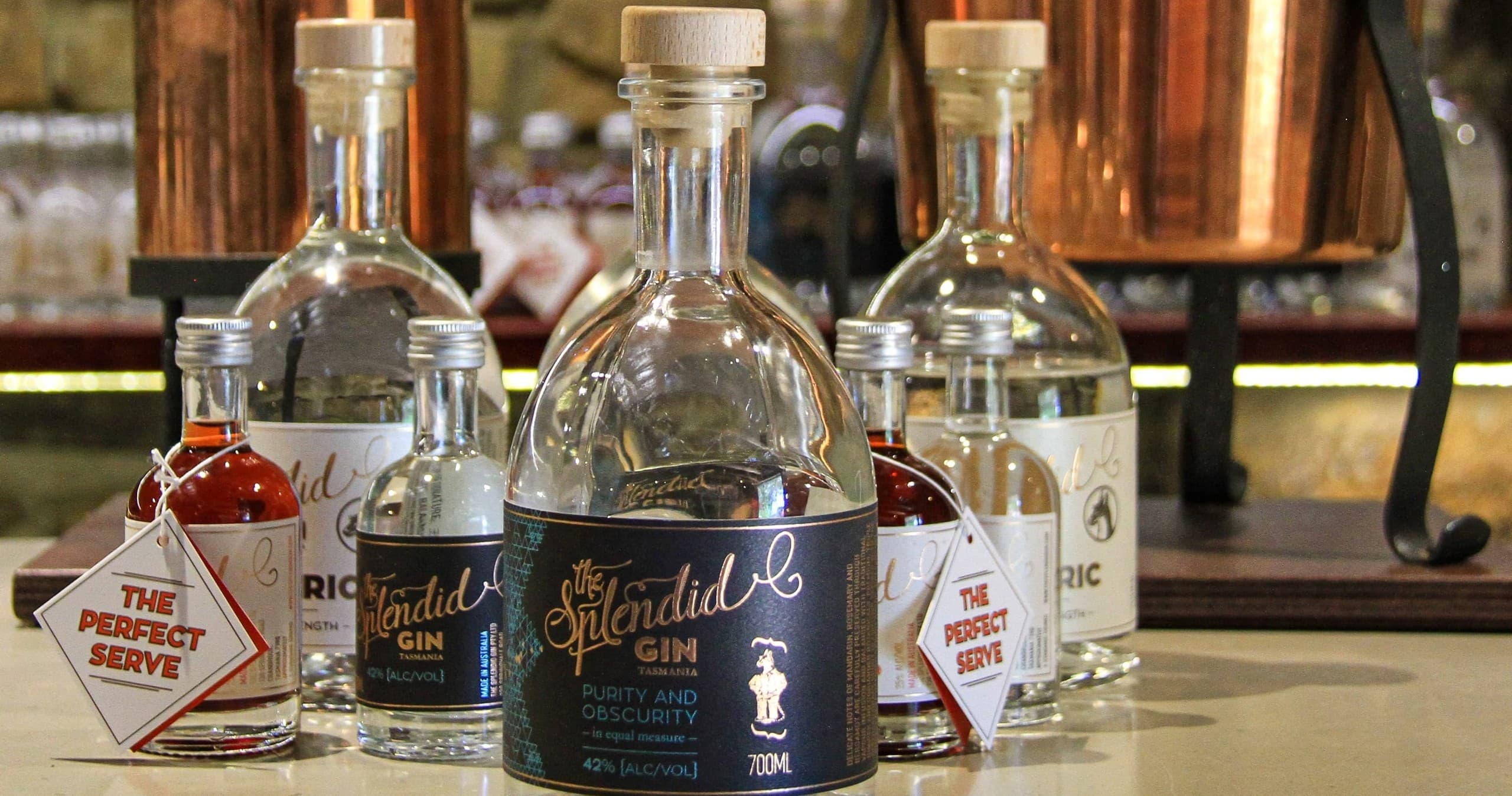 Bottles of artisan gin and spirits in a distillery tasting room