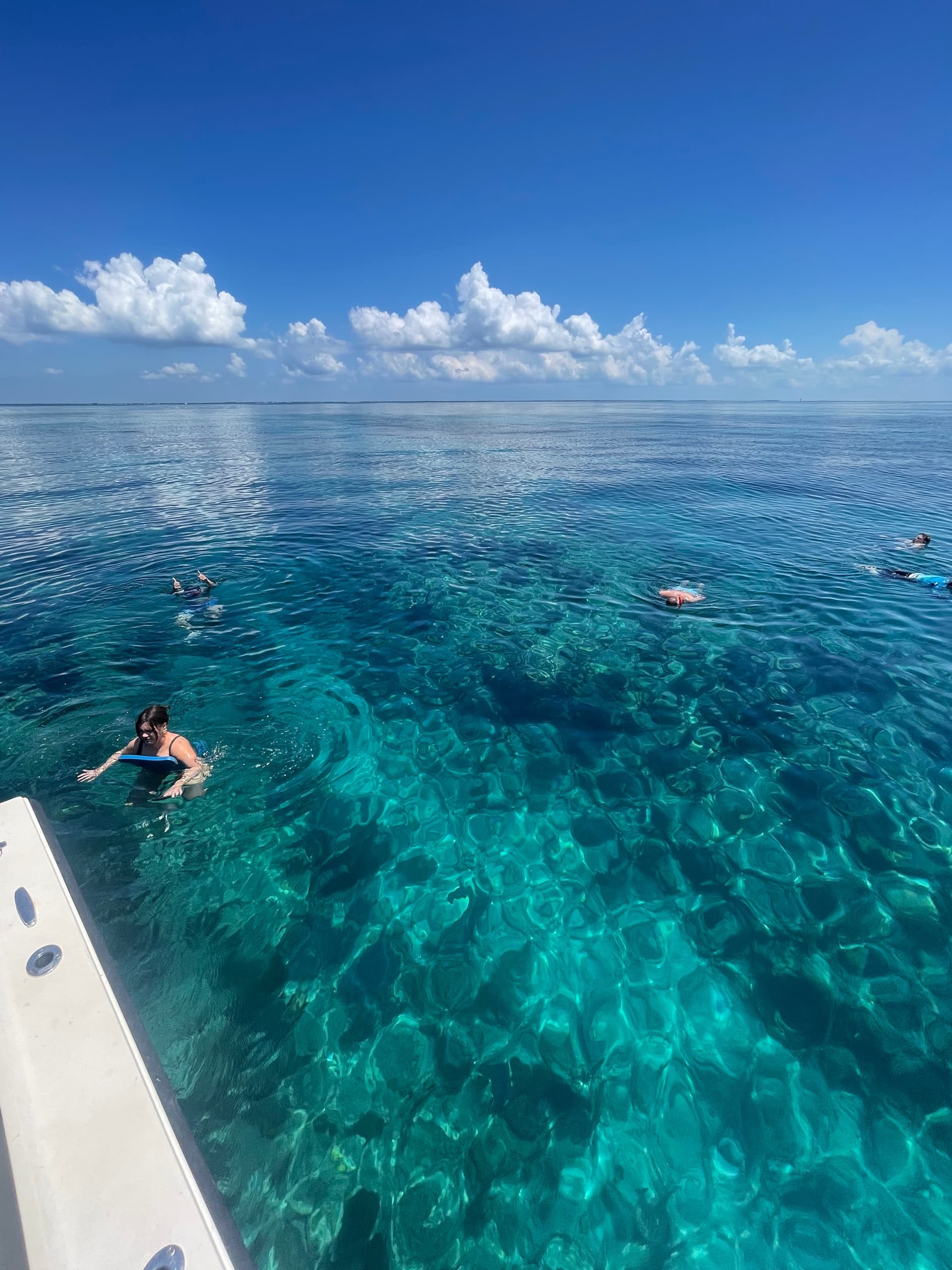 Snorkelers exploring deep turquoise reef from tour boat