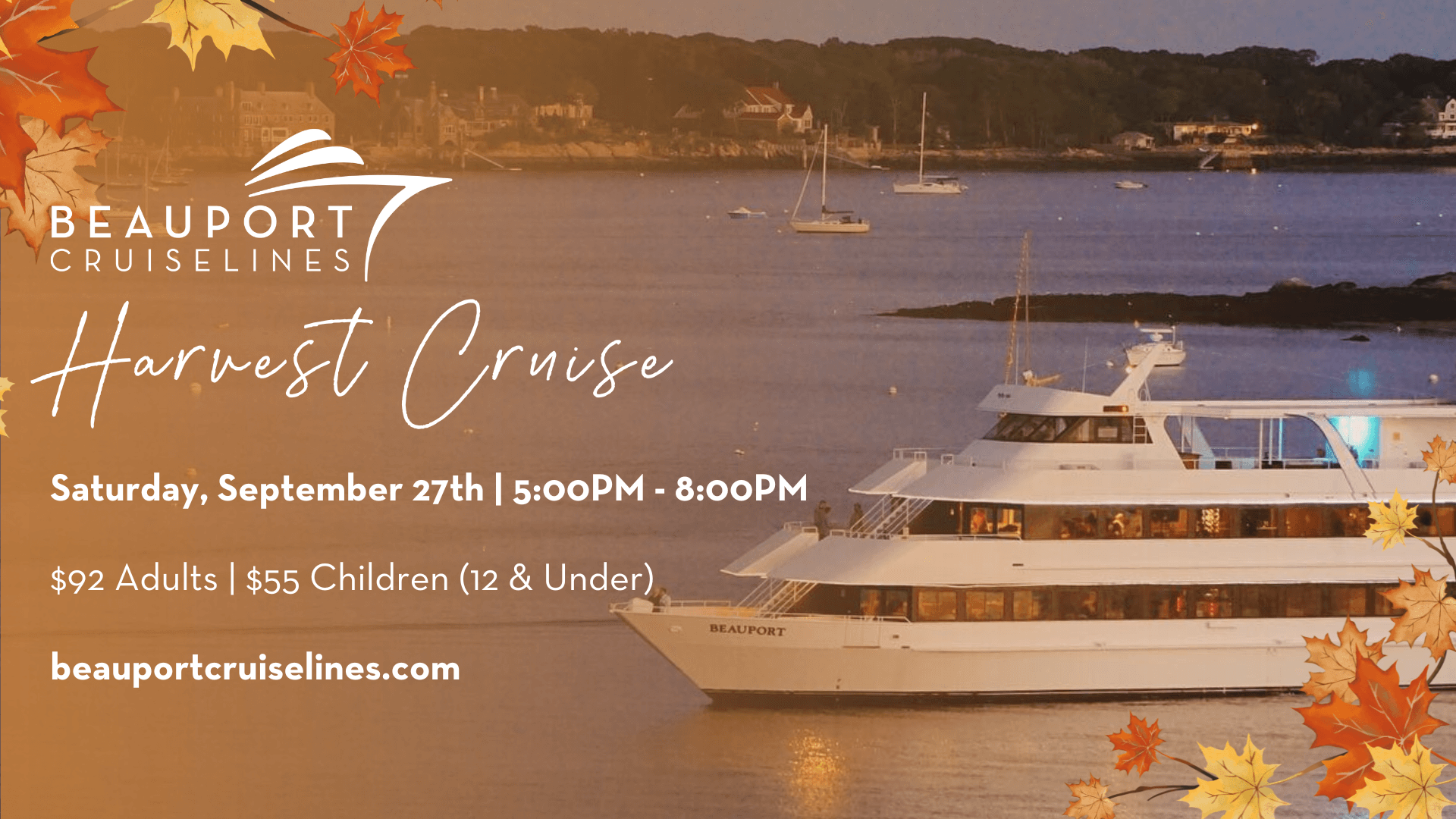 Harvest harbor cruise ship framed by autumn leaves and water