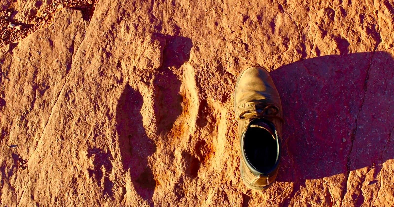 Hiker boot next to ancient petroglyph footprint on red sandstone desert