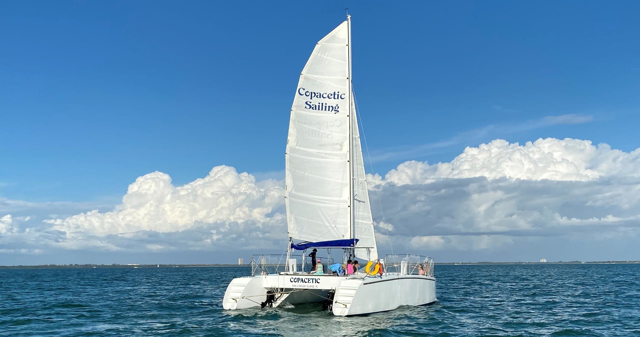 Catamaran sailing on open blue sea with clear skies