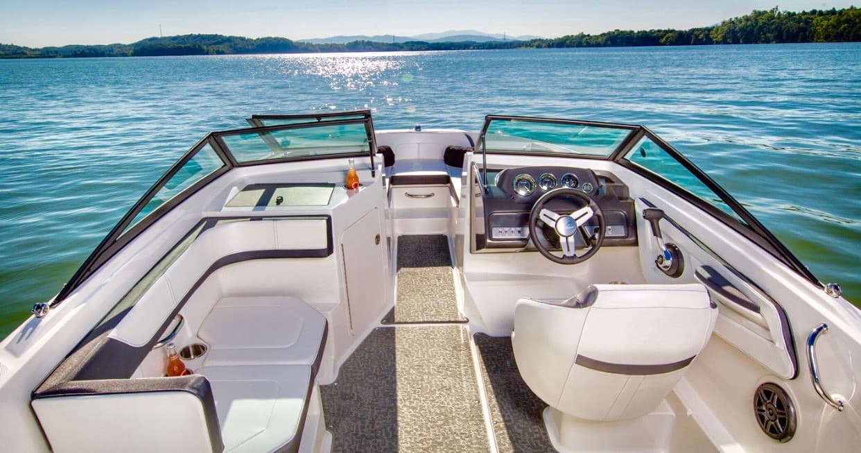 Foredeck of powerboat on calm coastal waters ready for guided boat tour
