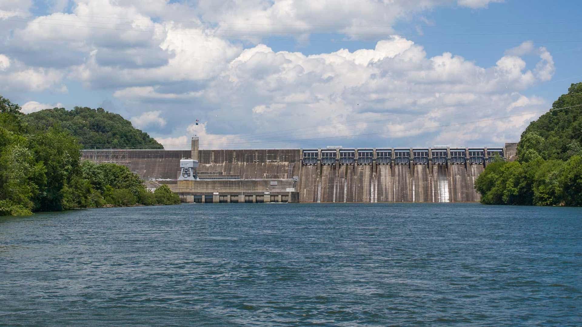 Reservoir and hydroelectric dam with wide scenic water view