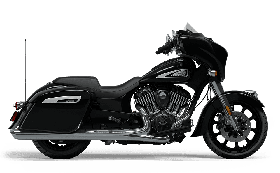 Matte-black Indian touring motorcycle, side view, high-quality studio shot