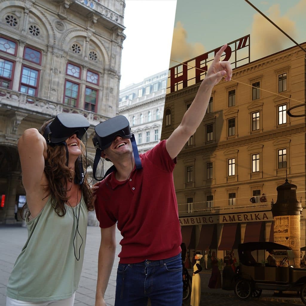 Couple wearing VR headsets exploring historic Vienna city tour
