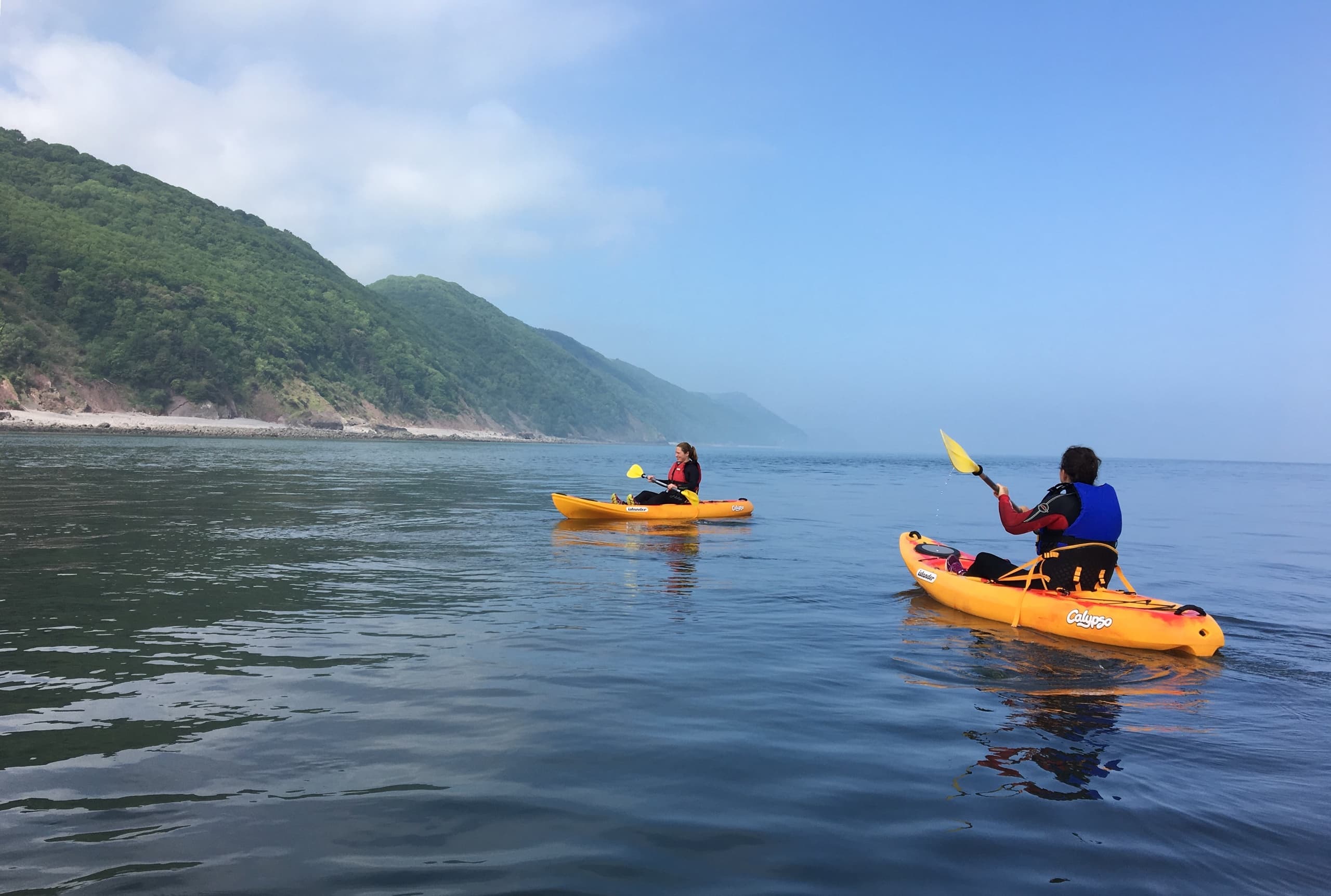 Two sea kayakers paddling in calm coastal bay with cliffs