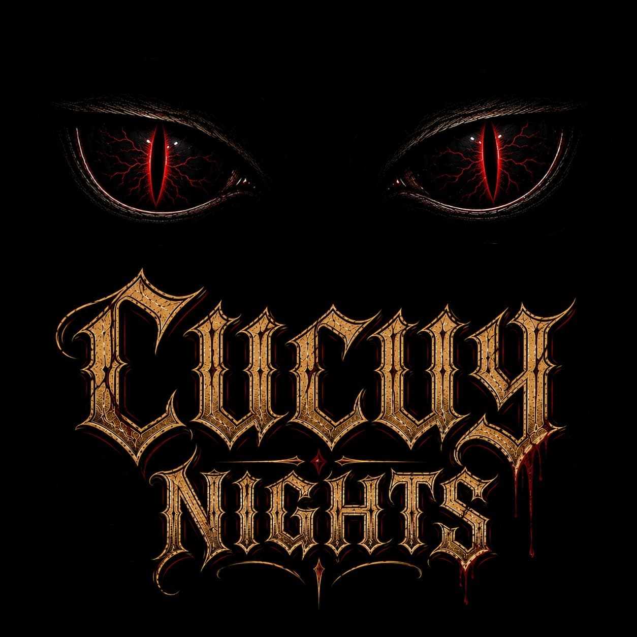 Vertical close-up poster of 'Cucuy Nights' horror logo with menacing red eyes