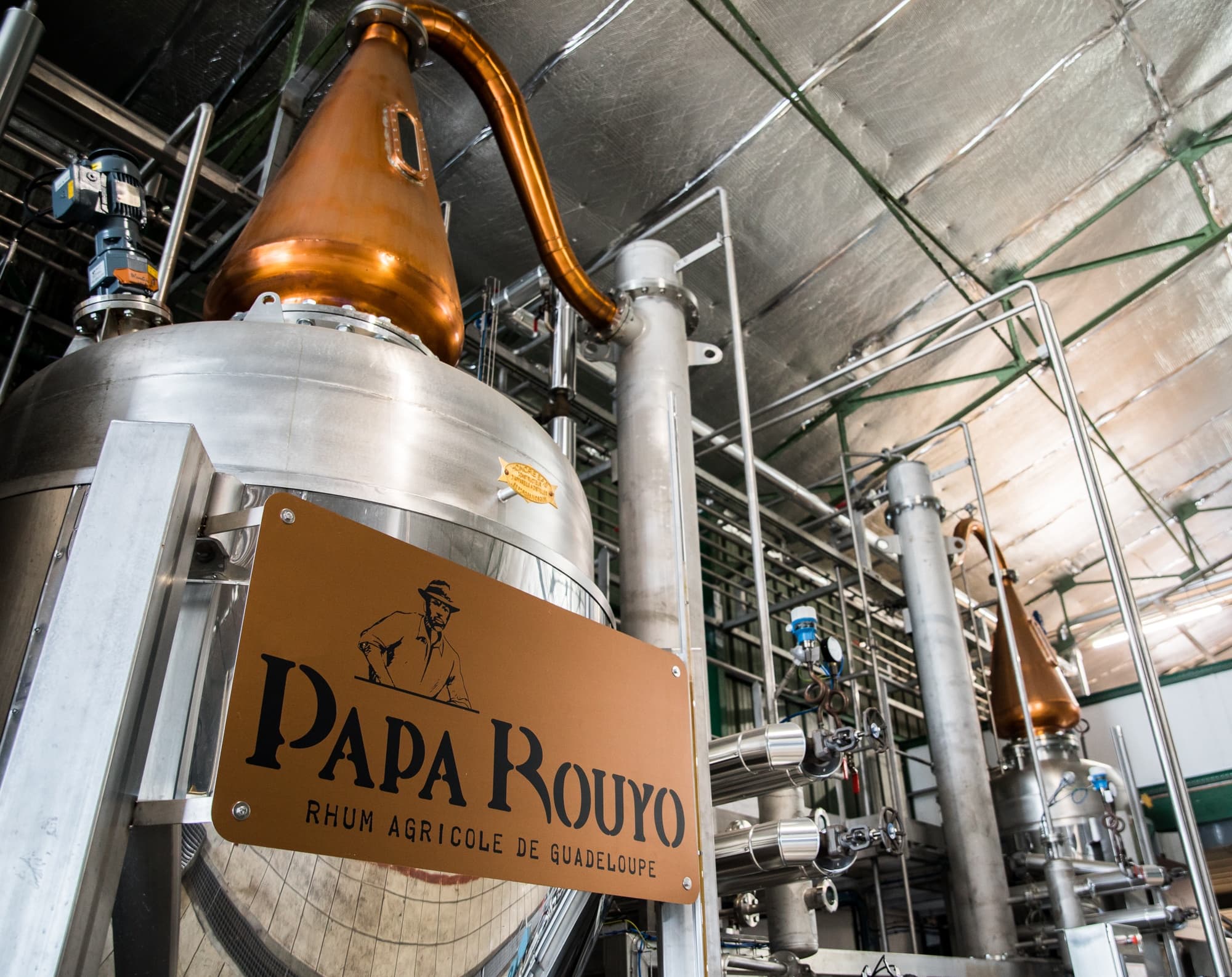 Copper stills and distillation equipment inside Papa Rouyo distillery