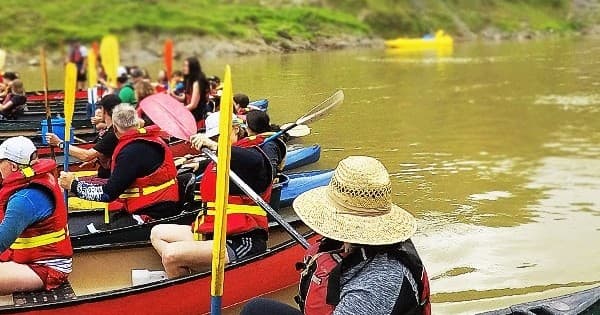Group canoe trip with paddlers on calm brown river