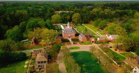 Aerial view of historic Williamsburg estate and grounds