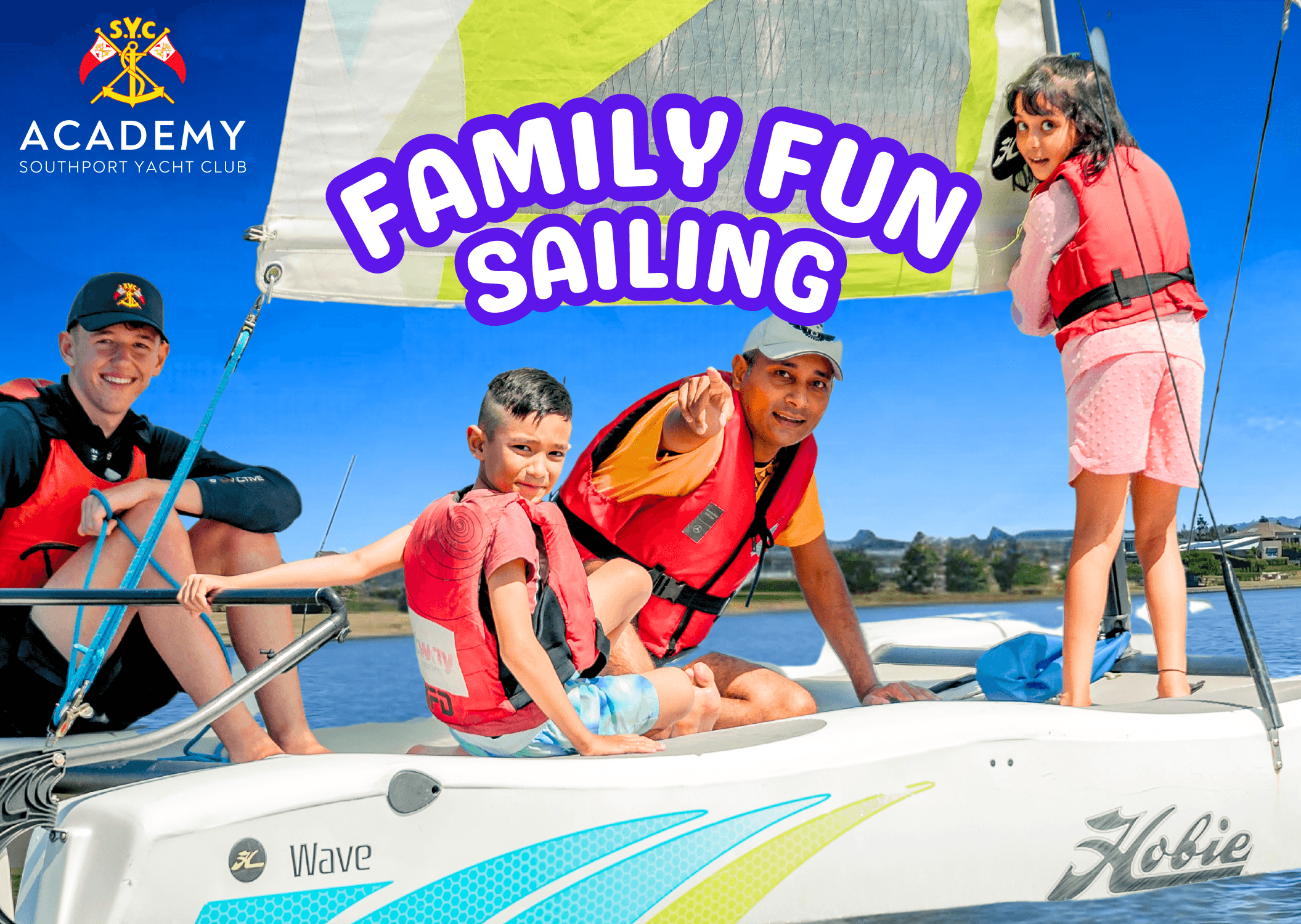 Family sailing together on small yacht with instructor