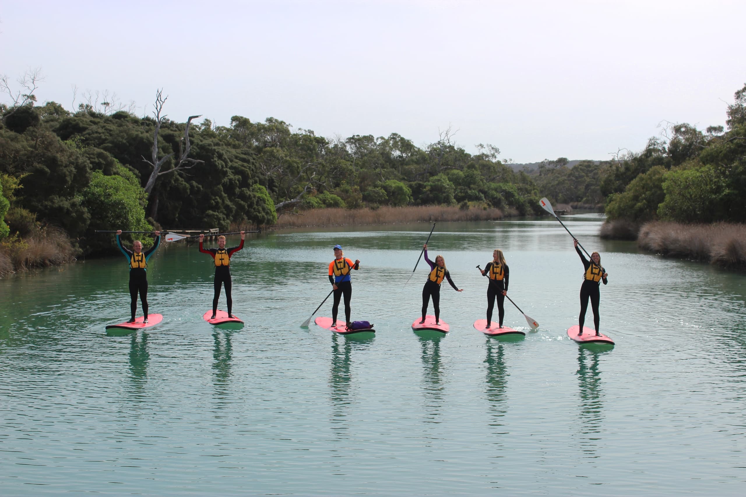 Group paddleboarding on tranquil estuary with scenic backdrop