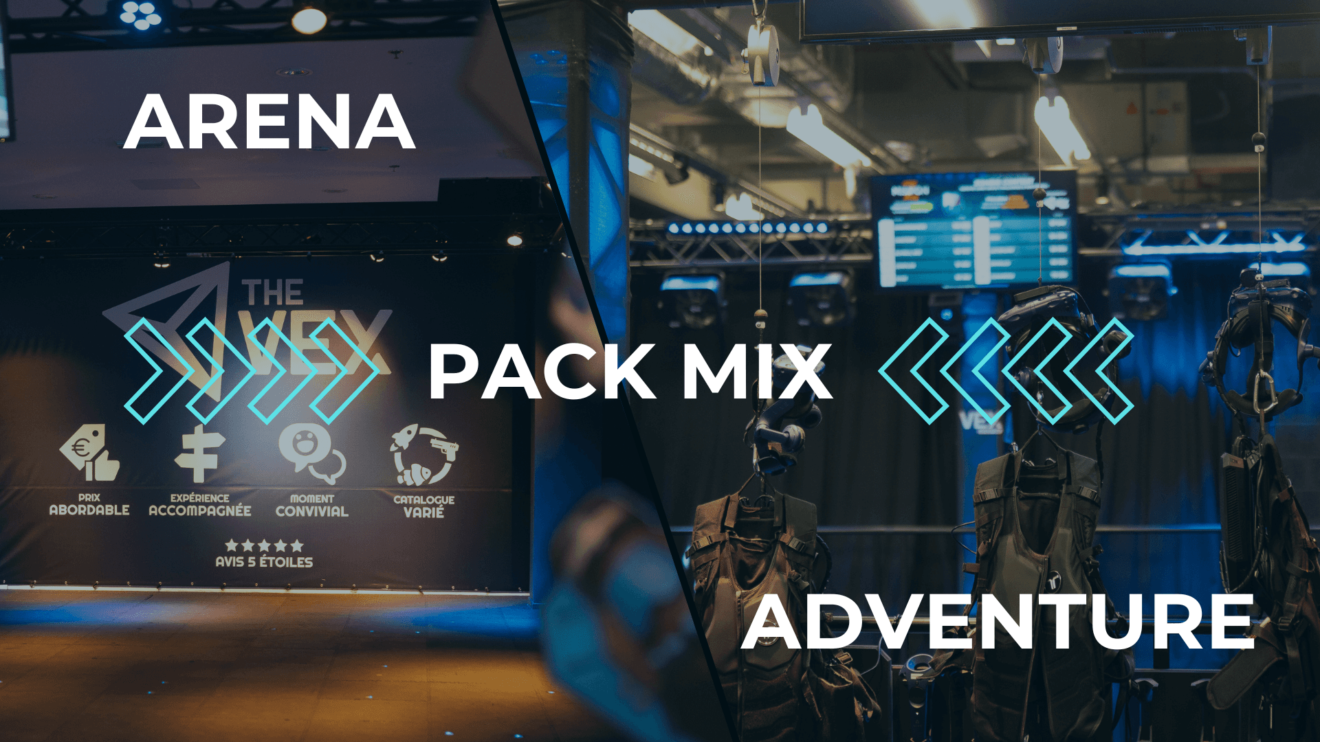 Virtual reality arena signage and VR stations in arcade