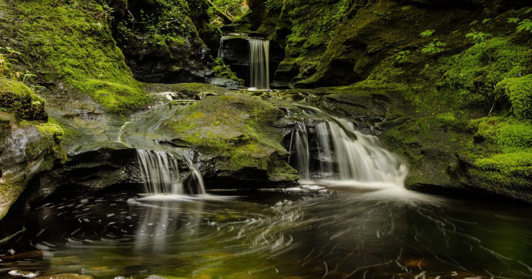 Mossy rainforest waterfall cascading into a tranquil forest pool