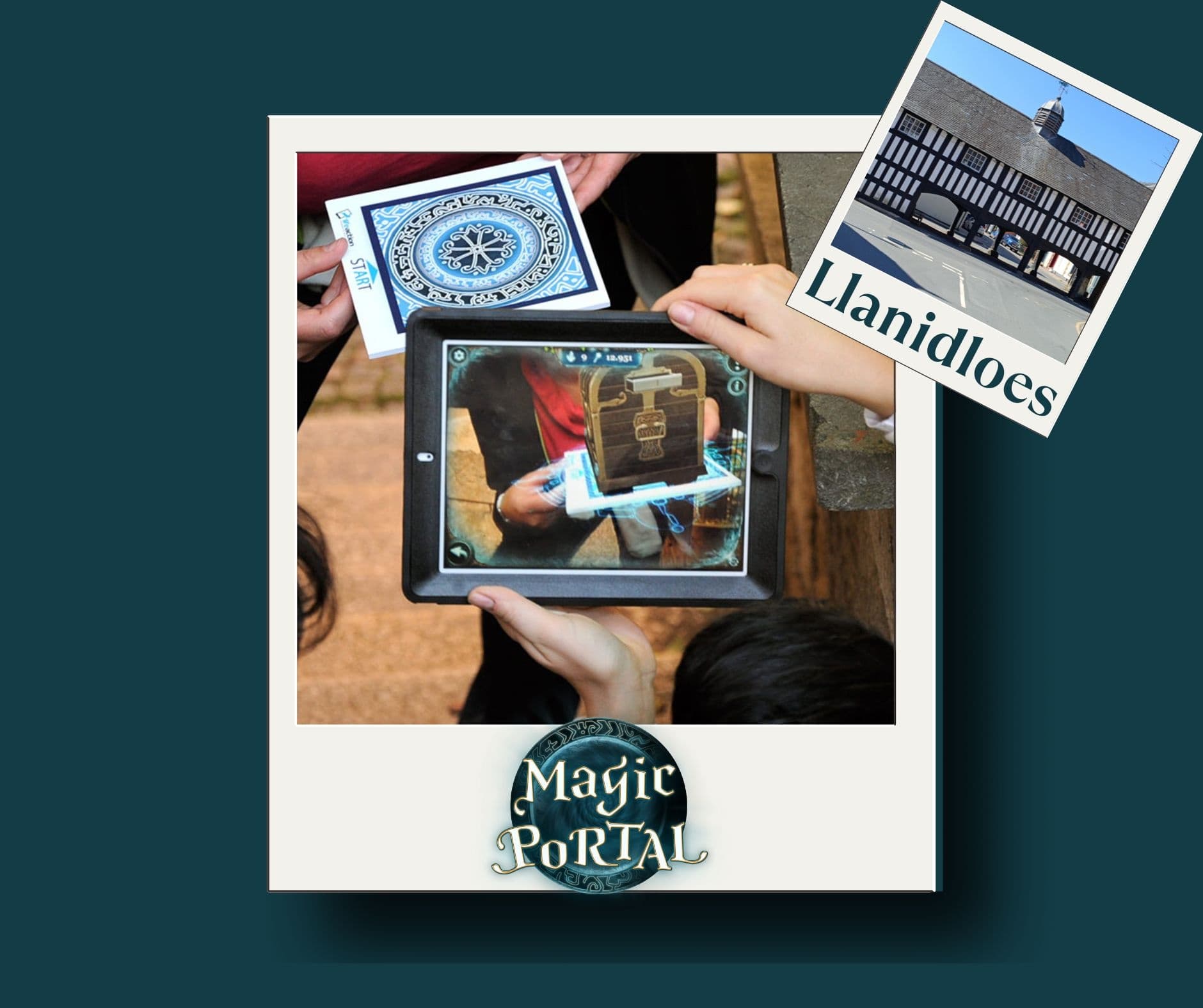 Close-up tablet puzzle in escape room photo, vintage postcard prop