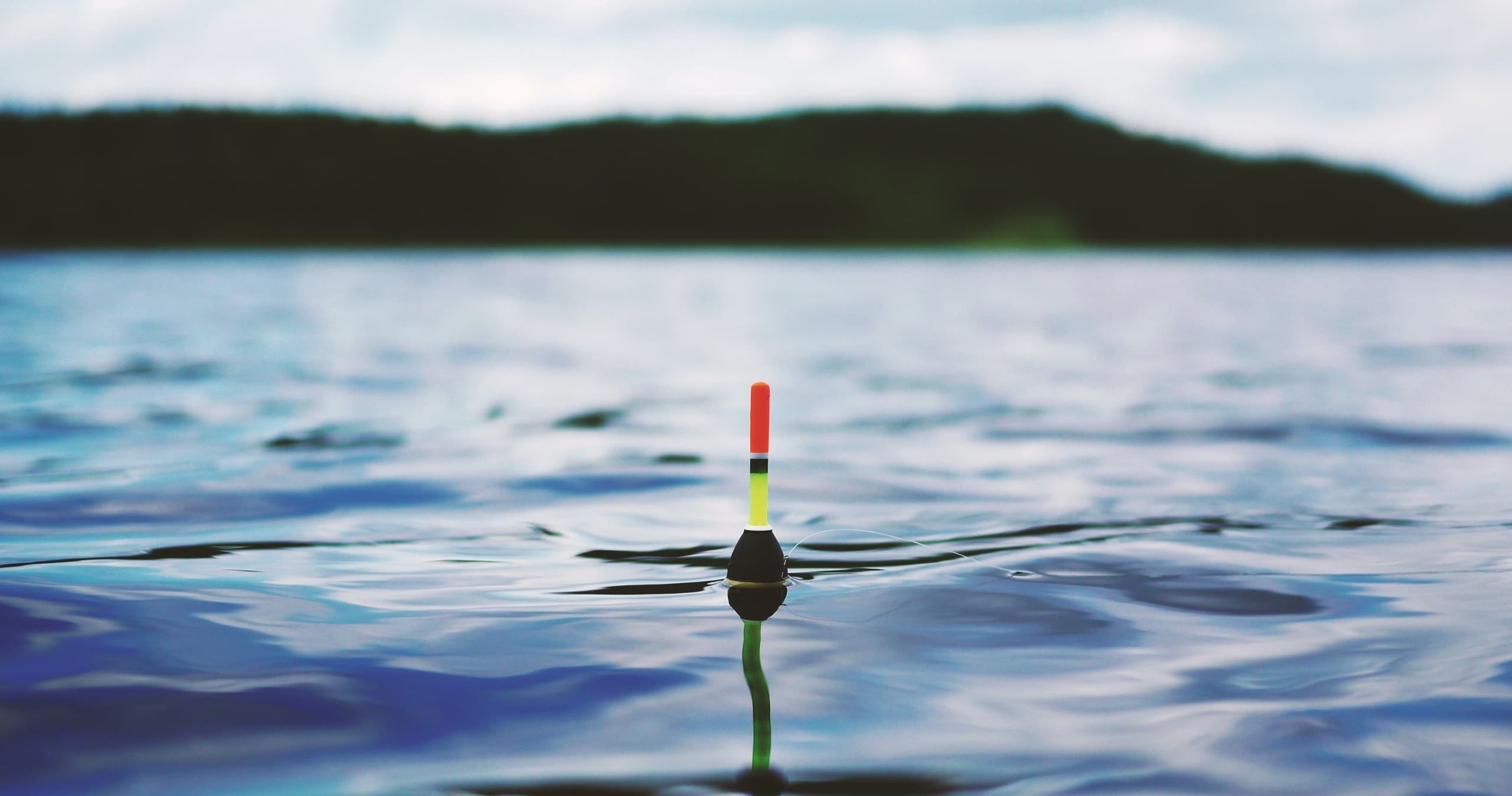Fishing bobber floating on calm blue ocean near coastline