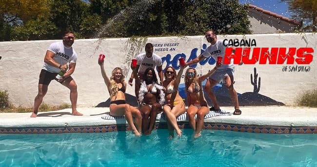 Pool party group splashing at desert cabana pool in Arizona