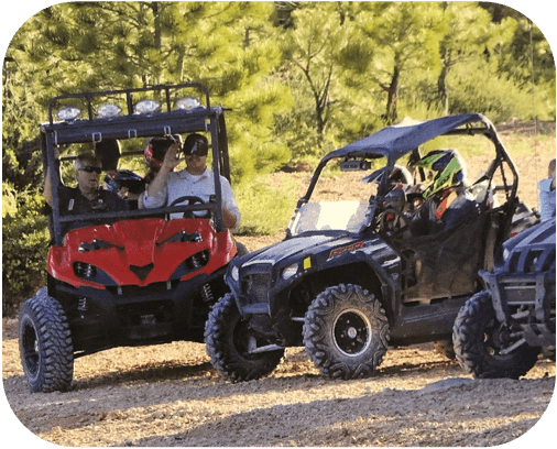 Group side-by-side UTV riders parked in pine forest staging area
